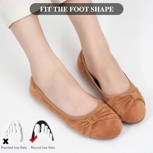 Ecetana Womens Flats Shoes Dressy: Round Toe Bowknot Suede Foldable Comfortable Casual Slip On Ballet Loafers Light Brown - Image 5
