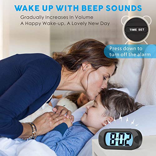 Plumeet Kids Alarm Clock Large Digital LCD Travel Alarm Clocks with Snooze and Night Light - Ascending Sound and Handheld Size - Best Gift for Kids (Black) - Image 4