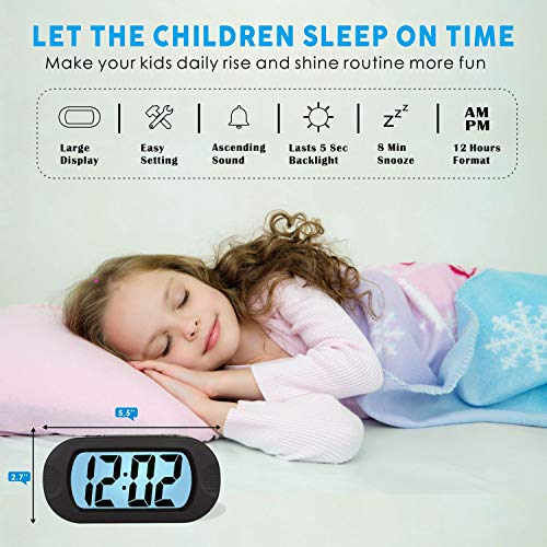 Plumeet Kids Alarm Clock Large Digital LCD Travel Alarm Clocks with Snooze and Night Light - Ascending Sound and Handheld Size - Best Gift for Kids (Black) - Image 2
