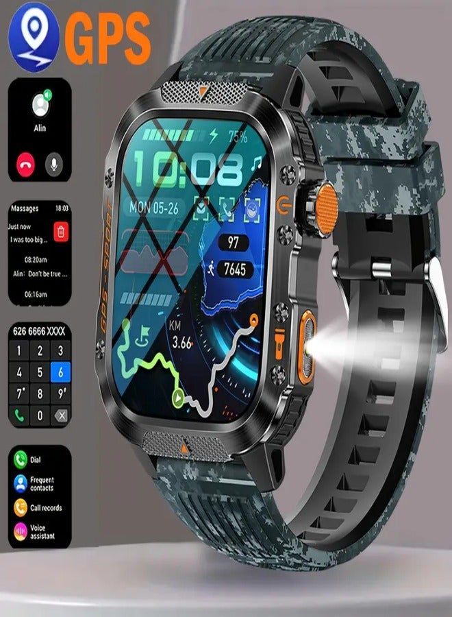 AROAQ GPS Positioning Smartwatch with 2.01-Inch IPS Display, Wireless Calling, 540mAh Battery, 100+ Sports Modes, Compass, Altitude & Barometric Pressure, Weather Forecast & Notifications – Waterproof Fitness Tracker for Men & Women - Camouflage Blue