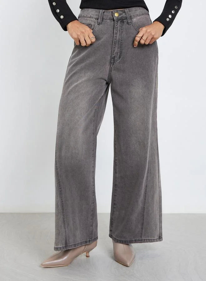 Styli High Rise Triangle Panelled Side Seam Wide Leg Jeans