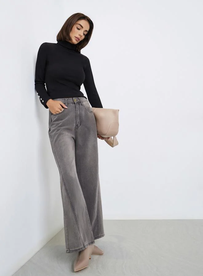 Styli High Rise Triangle Panelled Side Seam Wide Leg Jeans
