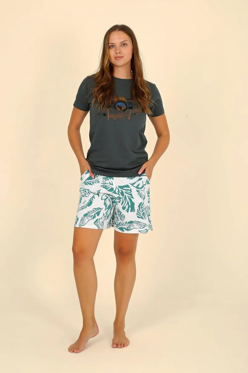 Akbeniz Women's Short Sleeve Combed Cotton Pajama Set Green 3625