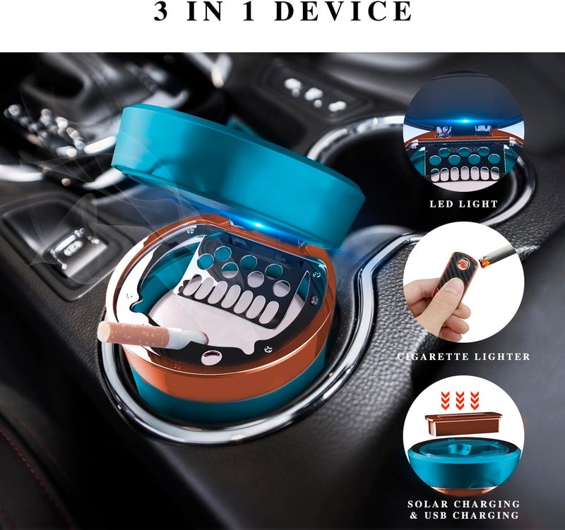 SOLARXIA Car Ashtray, Auto Ashtray Cigar Electronic Cigarette Lighter Detachable Solar Powered/USB Rechargeable with Lid Blue LED Light for Most Car Cup Holder Home Office (Blue) - Image 5