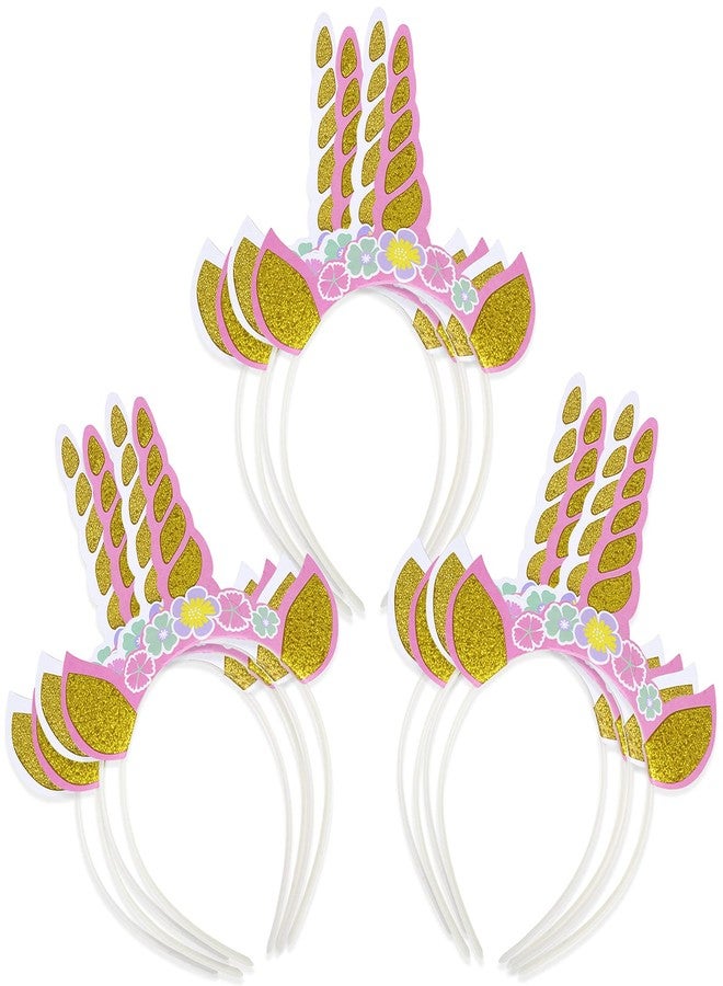 WEEPA 12 Pcs Paper Unicorn Headbands Gold Glitter Unicorn Horn Headband with 3 Flower for Birthday Party Baby Shower Decorations - Image 1