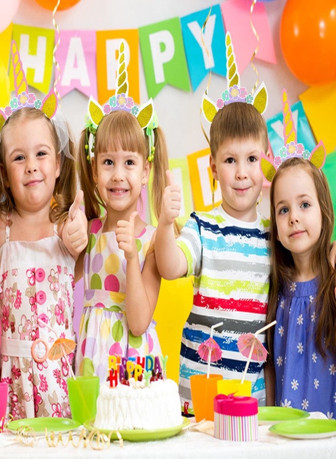 WEEPA 12 Pcs Paper Unicorn Headbands Gold Glitter Unicorn Horn Headband with 3 Flower for Birthday Party Baby Shower Decorations - Image 4