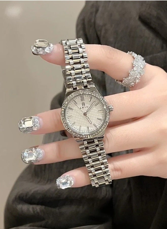 ABIU Women's Silver Crystal Bezel Watch - Polished Metal Strap with White Dial | Luxury Glamour Wristwatch - Image 2