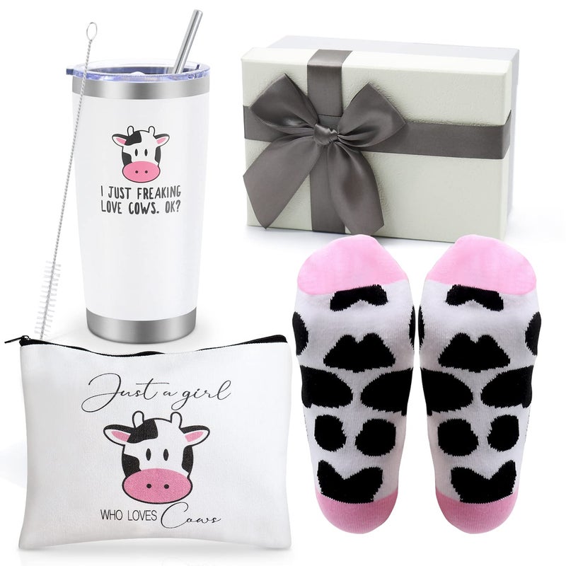 UAREHIBY UAREHIBY Cow Themed GiftsBest Idea Gift Cute Cow Print 20 OZ Wine Tumbler and Socks for WomenCosmetic Bag Cow Tumbler Gift Basket Box Set for Cow LoverCute Cow Print Stuff for Farm Animal
