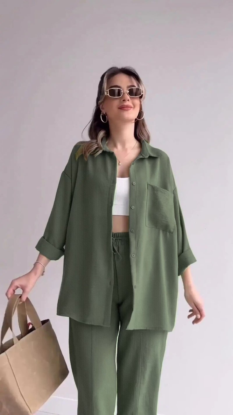 1Tarz 1Style Barbora Linen Casual Two Piece Suit Trousers Shirt LN21KHAKI  - Image 2