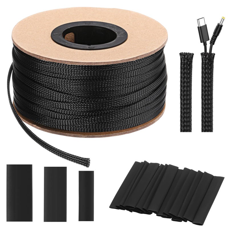 Pangda 300 feet 14 Inch Expandable Braided Cable Sleeve with 60 Heat Shrink Tubing for Television Audio Computer Cables Video PetsBlack