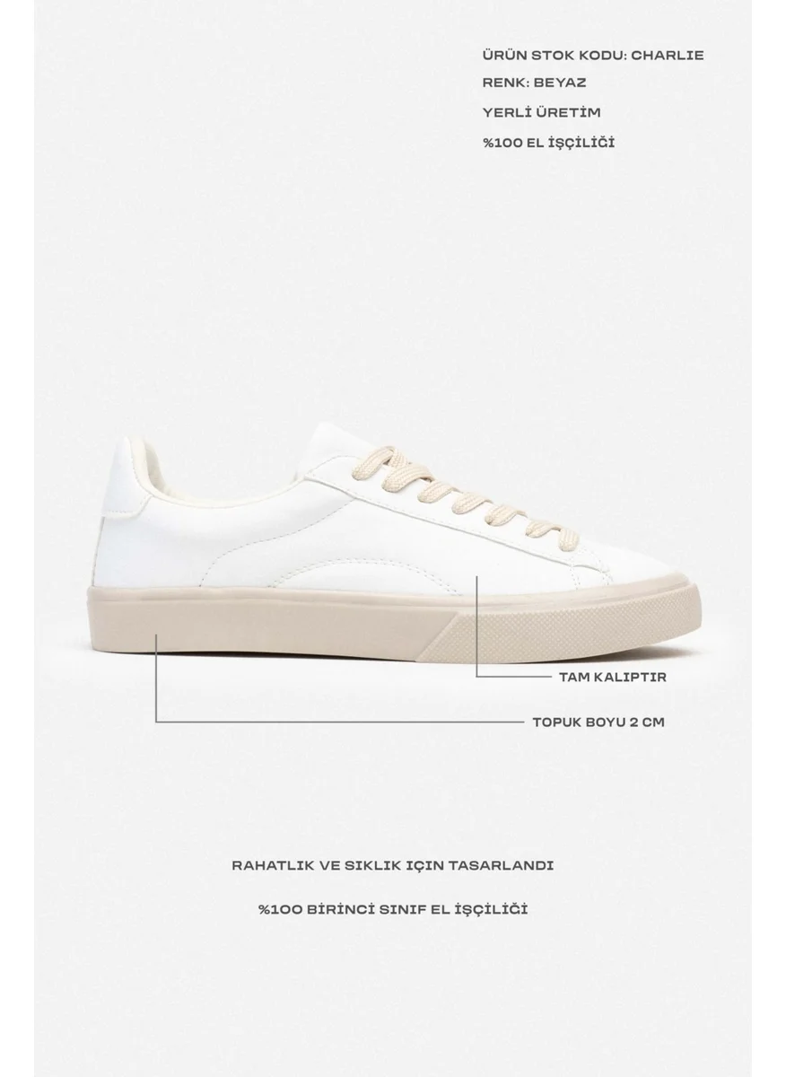Nişantaşı Shoes Charlie White Matte Flat Sole Women's Lace-Up Sports Shoes
