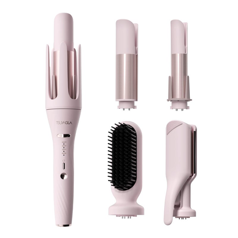 TSUYAGLA 5 in 1 Auto Curling Iron Set with Interchangeable Barrels - 1", 1.25", 1.5" Curling Wand, Hair Crimper & Straightening Brush, Rotating Ceramic Curler, 3 Temp, Dual Voltage, Anti-Scald, Pink - Image 1