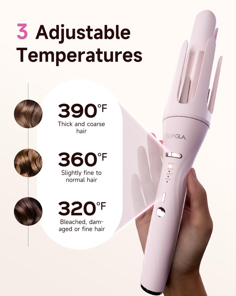TSUYAGLA 5 in 1 Auto Curling Iron Set with Interchangeable Barrels - 1", 1.25", 1.5" Curling Wand, Hair Crimper & Straightening Brush, Rotating Ceramic Curler, 3 Temp, Dual Voltage, Anti-Scald, Pink - Image 4