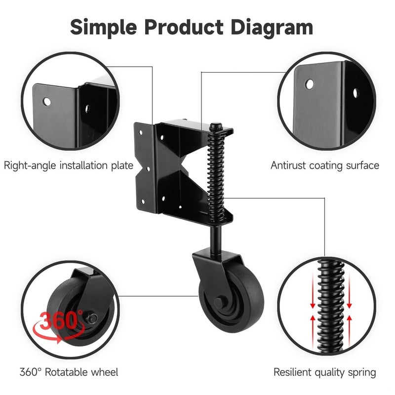 360-Degree Spring Loaded Gate Caster with Adjustable Spring for PVC & Wooden Gates, Metal Wheel for Yard Fences - Image 4