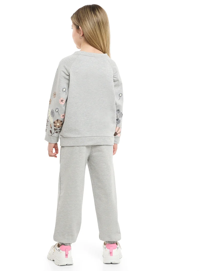 victor and jane Girls Floral Sleeve Fleece Tracksuit – Light Grey 2-Piece Set