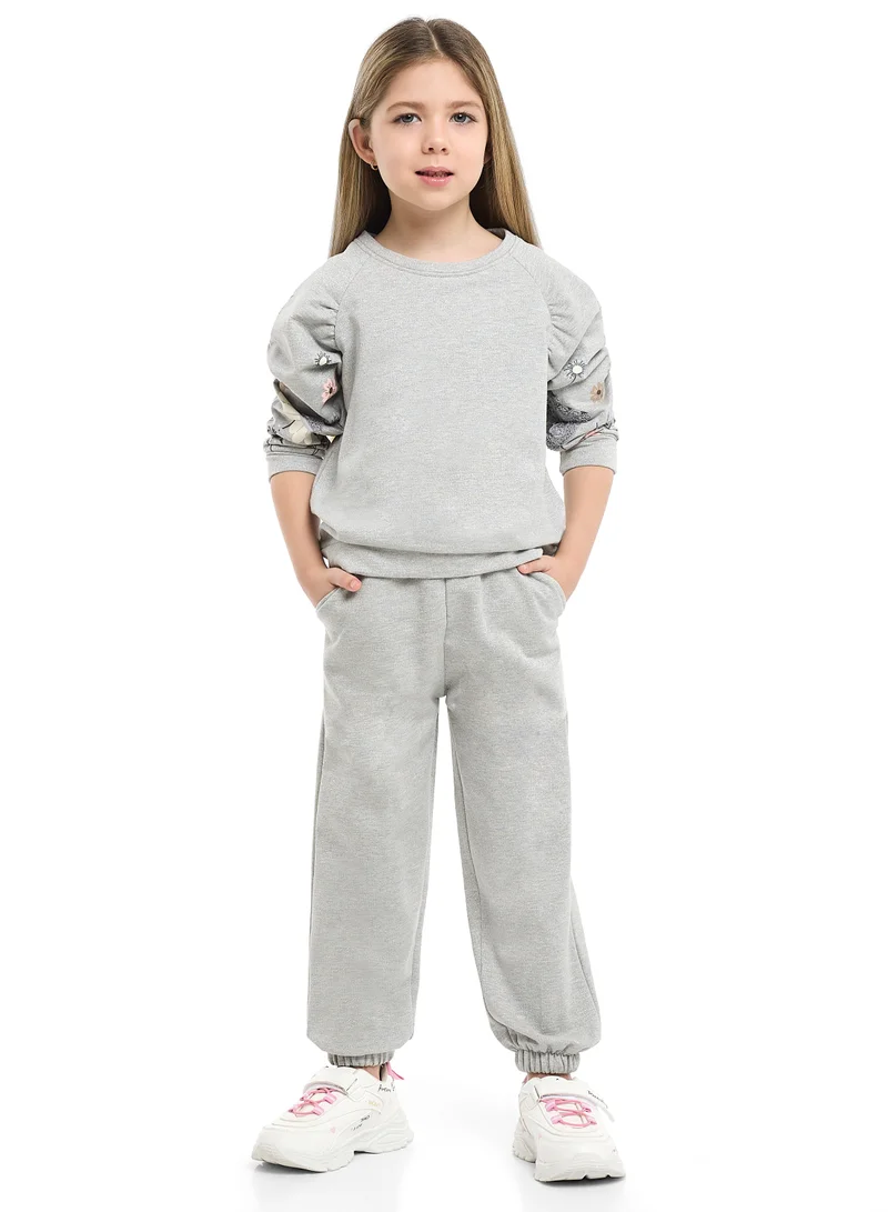 victor and jane Girls Floral Sleeve Fleece Tracksuit – Light Grey 2-Piece Set