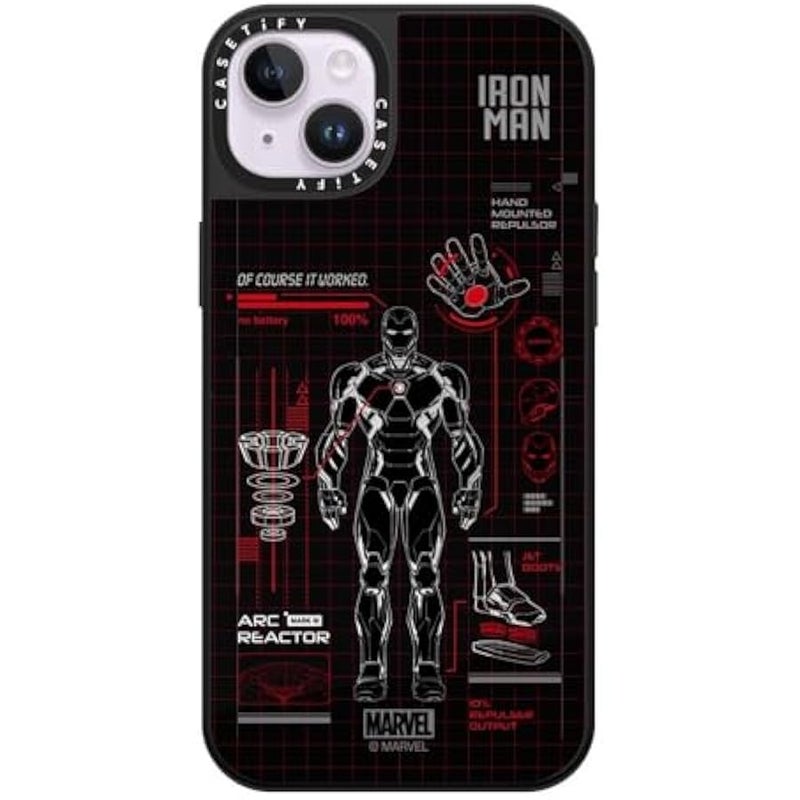 Casetify Mirror iPhone 14 Plus Case 【Iron Man Co-Lab/Reflective / 4.9ft Drop Protection/Compatible with Magsafe】 - Iron Man Blue Print Tech - Red - Silver on Black - Image 1