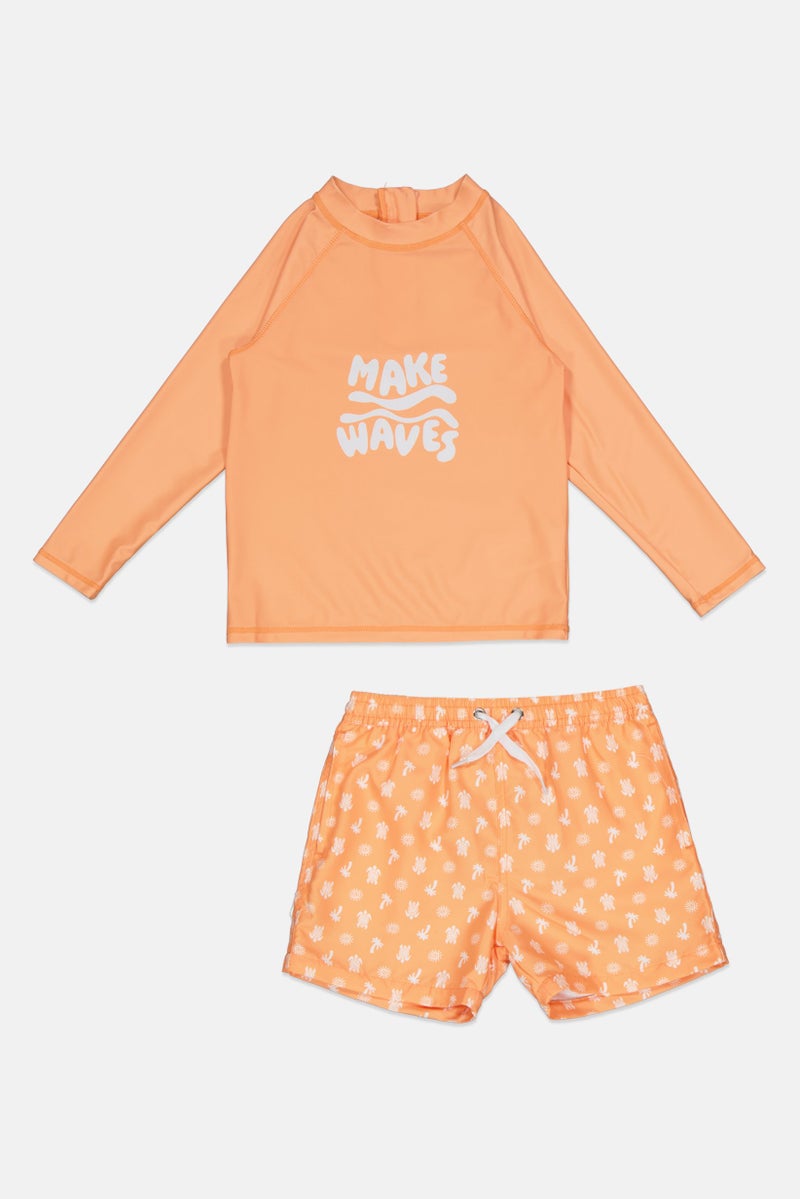 L&J Swim Club Kids Girl 2 Pieces Graphic Print Long Sleeve Rash Guard And Shorts Set, Orange - Image 1