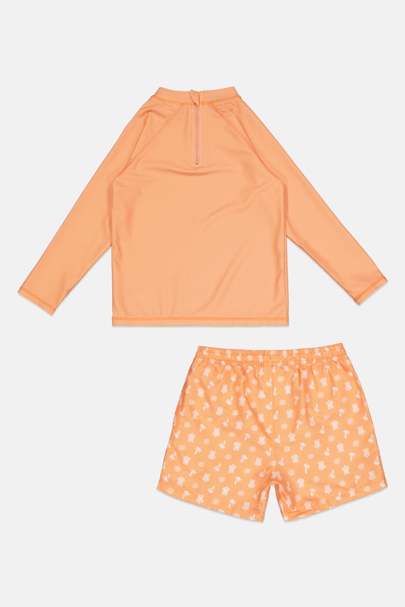 L&J Swim Club Kids Girl 2 Pieces Graphic Print Long Sleeve Rash Guard And Shorts Set, Orange - Image 2