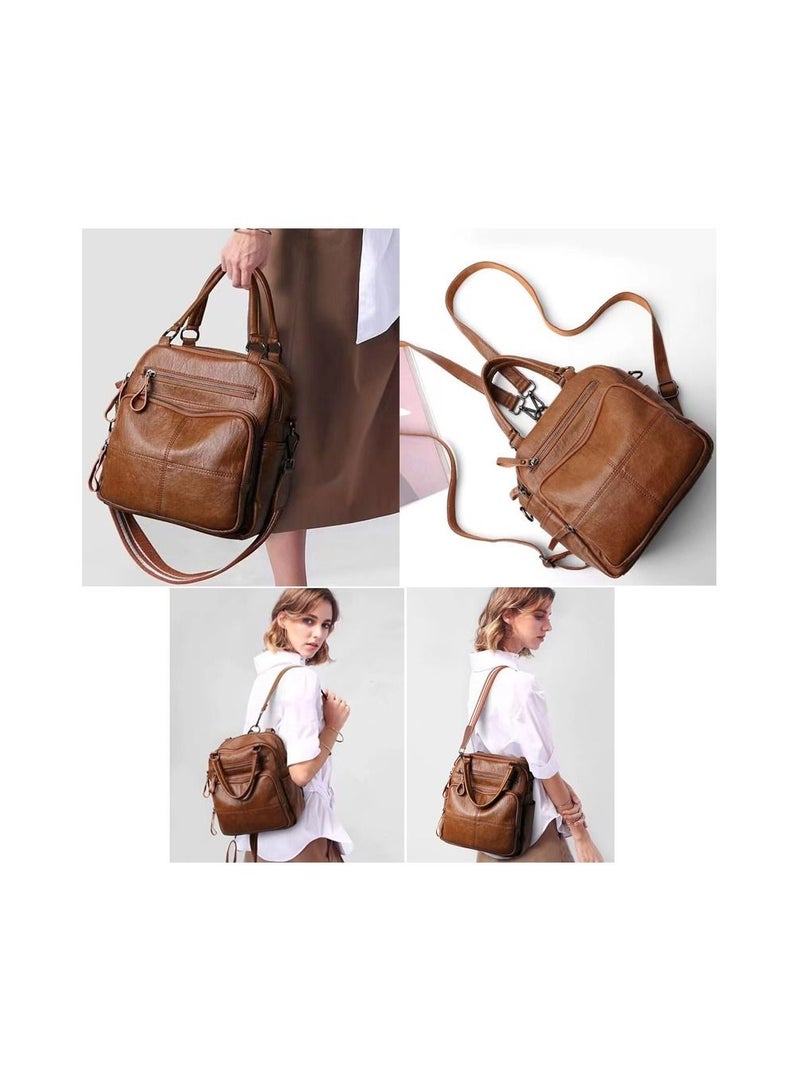 1-Piece Large Capacity Soft Leather Women Ladies Fashion PU Backpack,Waterproof Rucksack Travel Shoulder Bag Handbag,Portable Single Shoulder Cross Body Three Purpose Women Bag,Colour Brown - Image 3