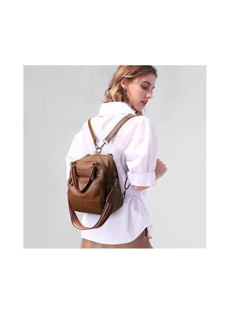 1-Piece Large Capacity Soft Leather Women Ladies Fashion PU Backpack,Waterproof Rucksack Travel Shoulder Bag Handbag,Portable Single Shoulder Cross Body Three Purpose Women Bag,Colour Brown - Image 1