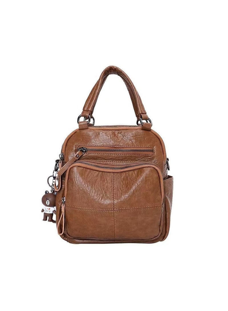 1-Piece Large Capacity Soft Leather Women Ladies Fashion PU Backpack,Waterproof Rucksack Travel Shoulder Bag Handbag,Portable Single Shoulder Cross Body Three Purpose Women Bag,Colour Brown - Image 2