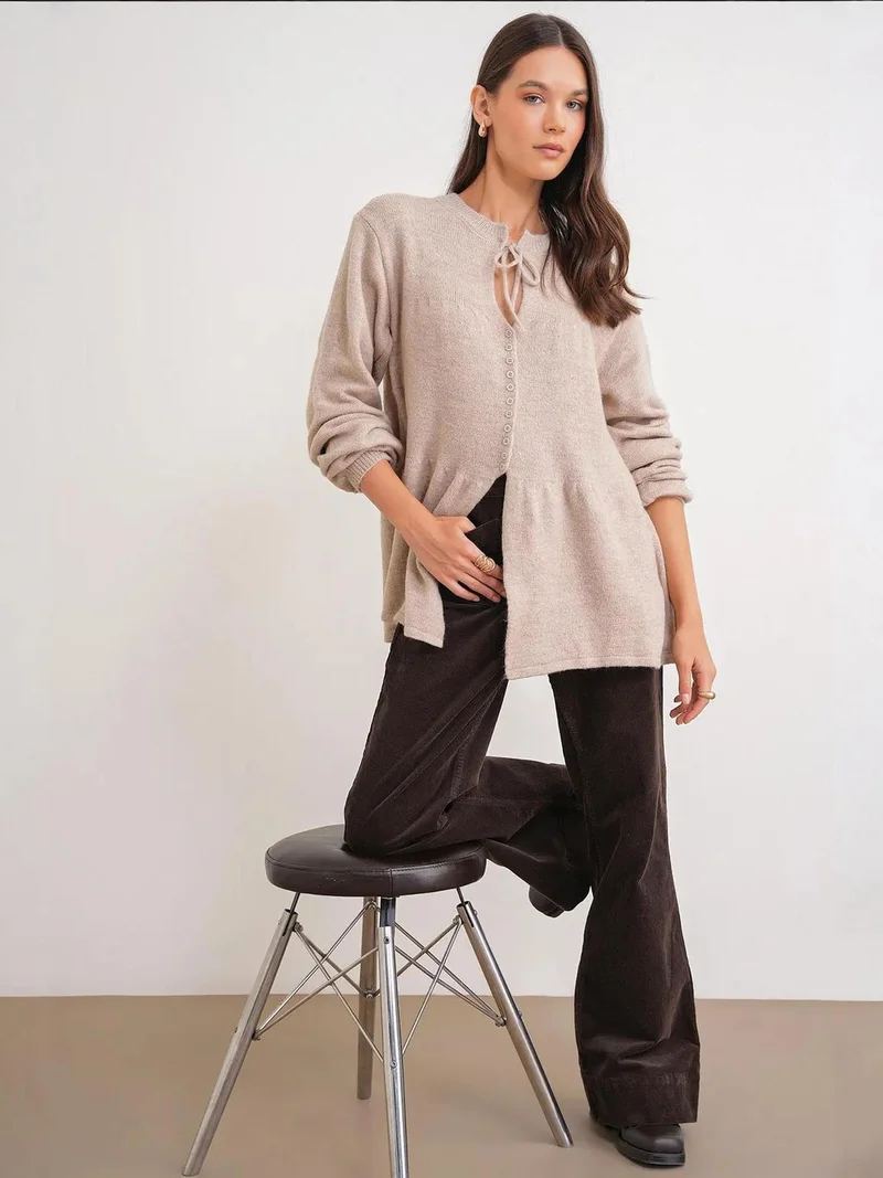 MixRay Beige Natural Mixray Knit Top with Tie Detail and Long Sleeves for Women | Best Price UAE