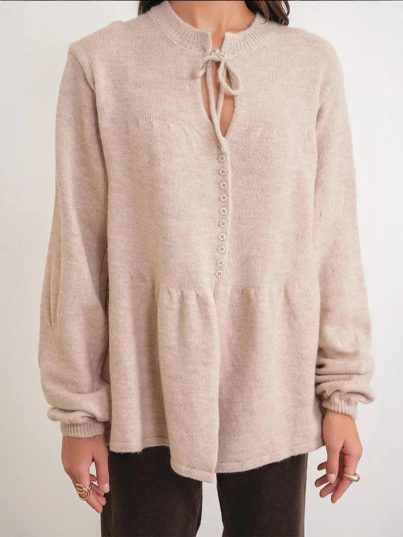 MixRay Beige Natural Mixray Knit Top with Tie Detail and Long Sleeves for Women | Best Price UAE