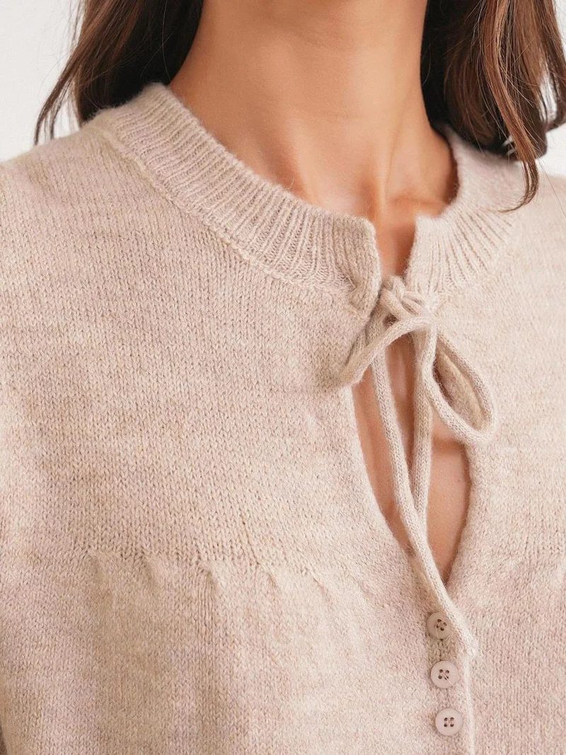 MixRay Beige Natural Mixray Knit Top with Tie Detail and Long Sleeves for Women | Best Price UAE