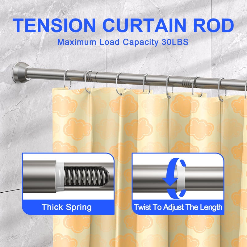 TEECK Shower Curtain Rod, 32-79 inch Adjustable Tension Spring, 1 Inch Shower Curtain Rod Tension, Anti-Slip, Rust-Proof, No Drilling, for Bathroom, Nickel - Image 2