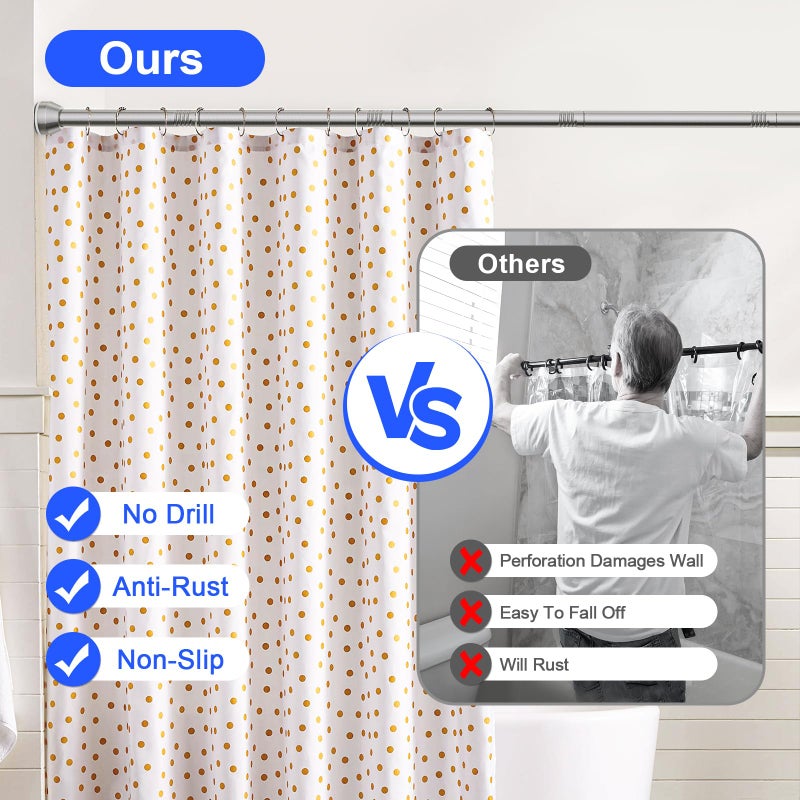 TEECK Shower Curtain Rod, 32-79 inch Adjustable Tension Spring, 1 Inch Shower Curtain Rod Tension, Anti-Slip, Rust-Proof, No Drilling, for Bathroom, Nickel - Image 4