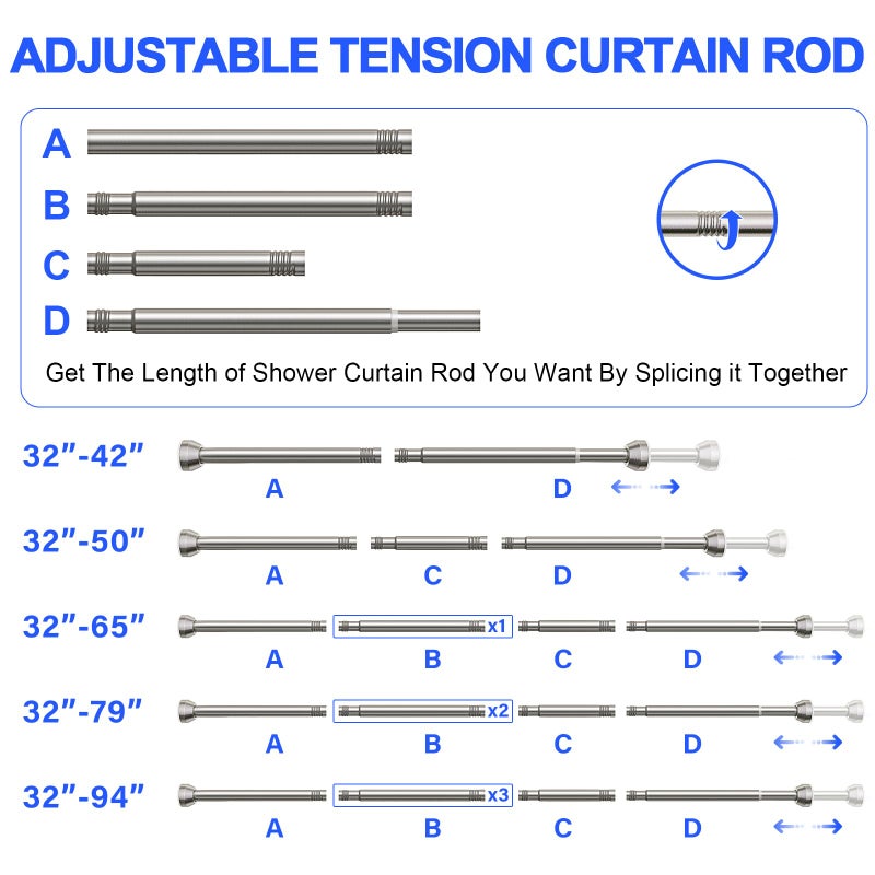 TEECK Shower Curtain Rod, 32-79 inch Adjustable Tension Spring, 1 Inch Shower Curtain Rod Tension, Anti-Slip, Rust-Proof, No Drilling, for Bathroom, Nickel - Image 5