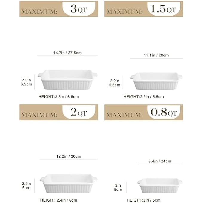 rayihni Casserole Dishes For Oven Porcelain Baking Dishes Ceramic Bakeware Sets Of 4 Rectangular Lasagna Pans Deep With Handles For Baking Cake Kitchen White 94111122147 Series - Image 3
