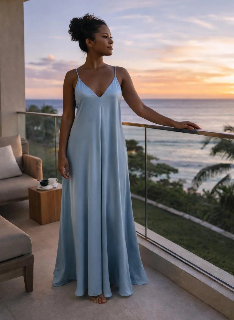 JANARA JONES Sky Blue Maxi Mariella Satin Dress