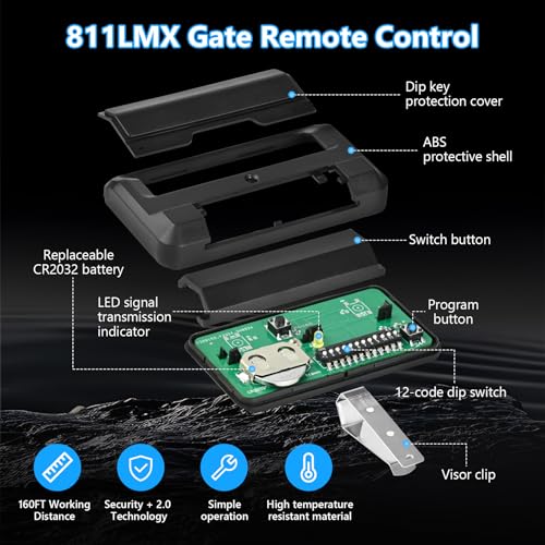 Aooashet for Liftmaster 811LMX Gate Remote Replacement for Liftmaster 811LM Gate Opener Remote Compatible with Liftmaster Gate Opener and 850LM 860LM Receiver Security 20 12 Dip Switch 2 Pack - Image 3