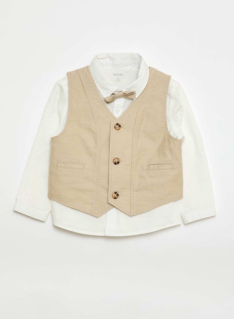 Kiabi Shirt + Suit Vest + Chino Pants + Bow Tie Set - 4 Pieces Beige - Image 2