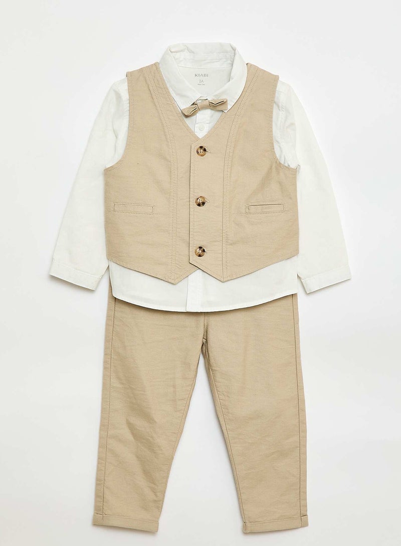 Kiabi Shirt + Suit Vest + Chino Pants + Bow Tie Set - 4 Pieces Beige - Image 1