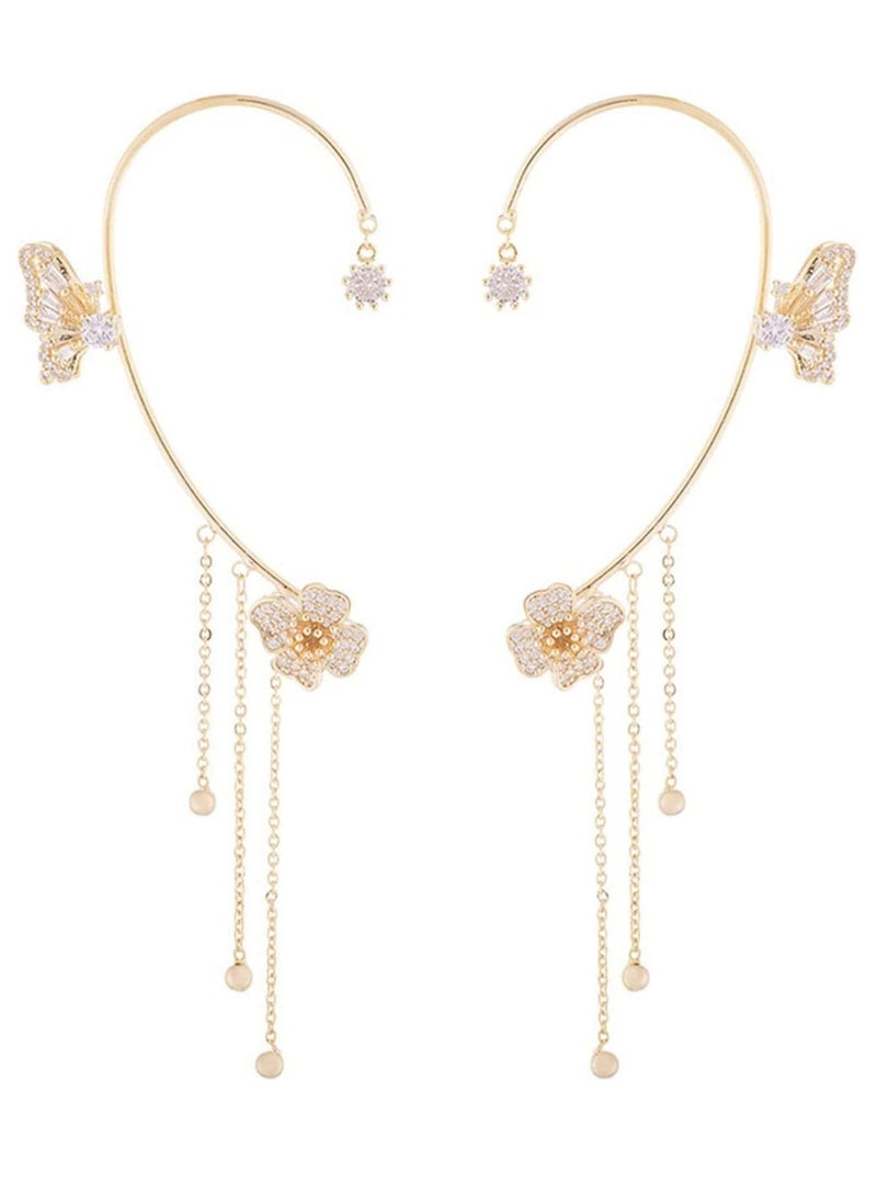SYOSI Butterfly Tassel Style Zircon Earrings Butterfly Flowers Tassel Long Earring Shiny Zircon No Piercing Butterfly Ear Clip Jewelry Gifts for Women Girls Golden Pair - Image 1
