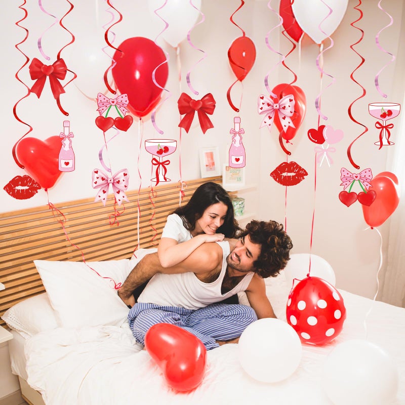 K KUMEED 20 Pcs Valentine's Day Party Decorations,Glitter Heart Cherry Bow Hanging Swirls,Red Pink Valentines Day Party Supplies Home Classroom Office Wedding Party Anniversary - Image 4