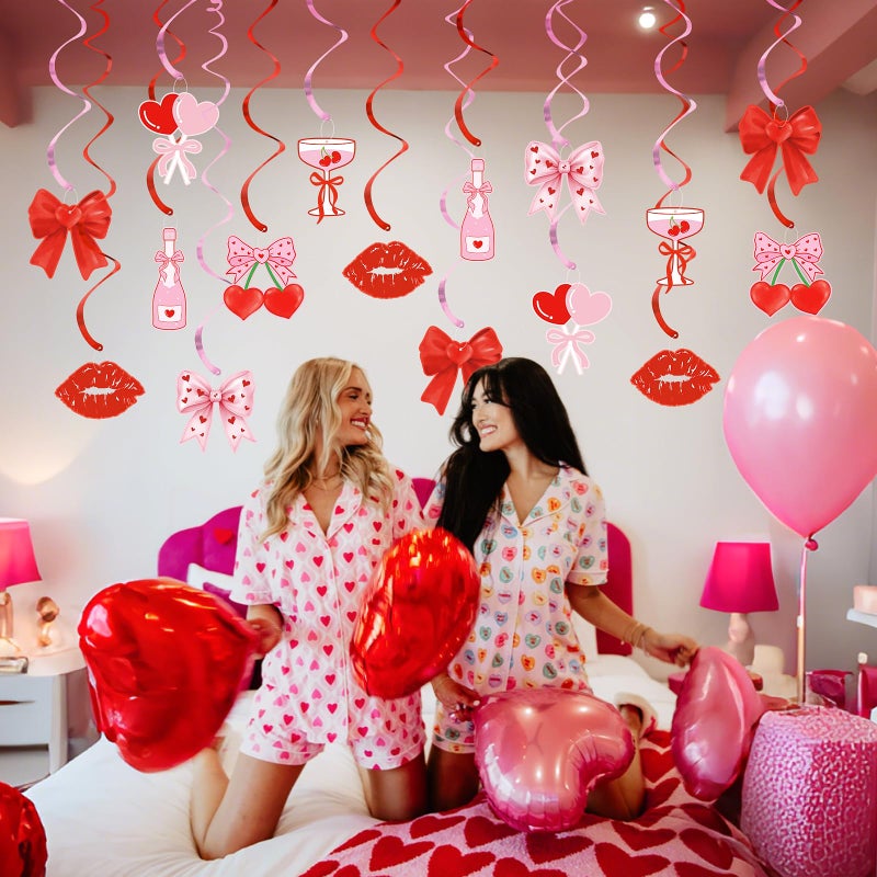 K KUMEED 20 Pcs Valentine's Day Party Decorations,Glitter Heart Cherry Bow Hanging Swirls,Red Pink Valentines Day Party Supplies Home Classroom Office Wedding Party Anniversary - Image 5