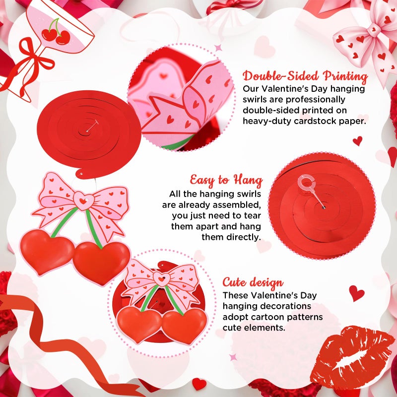 K KUMEED 20 Pcs Valentine's Day Party Decorations,Glitter Heart Cherry Bow Hanging Swirls,Red Pink Valentines Day Party Supplies Home Classroom Office Wedding Party Anniversary - Image 2