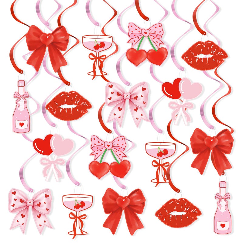K KUMEED 20 Pcs Valentine's Day Party Decorations,Glitter Heart Cherry Bow Hanging Swirls,Red Pink Valentines Day Party Supplies Home Classroom Office Wedding Party Anniversary - Image 1