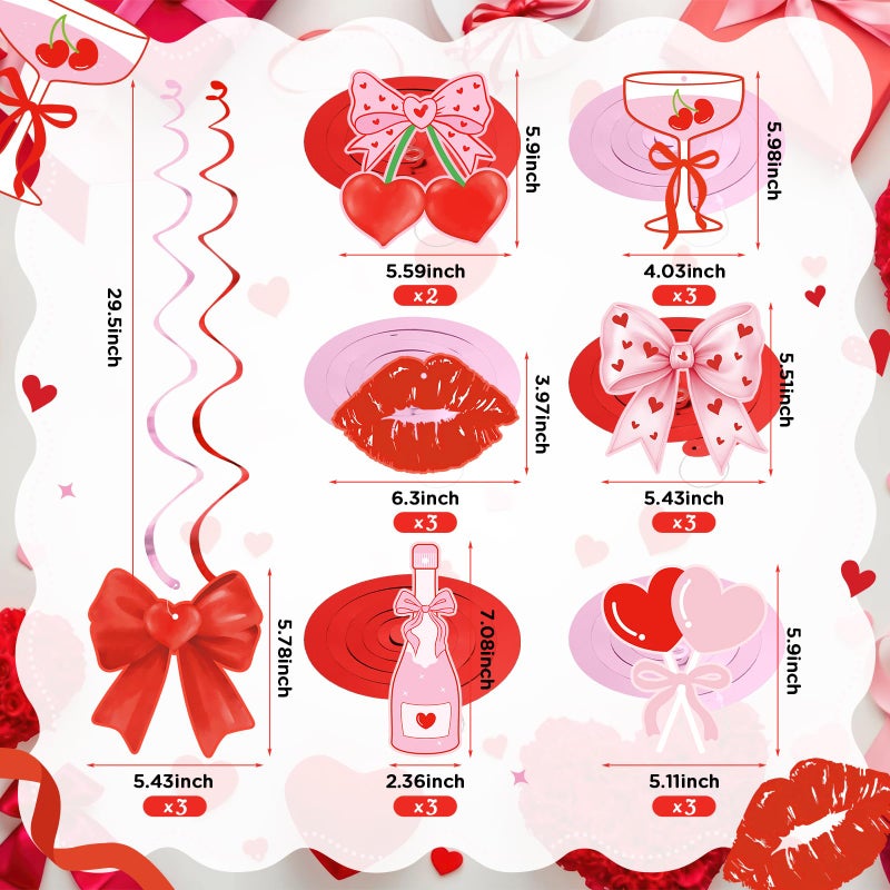 K KUMEED 20 Pcs Valentine's Day Party Decorations,Glitter Heart Cherry Bow Hanging Swirls,Red Pink Valentines Day Party Supplies Home Classroom Office Wedding Party Anniversary - Image 3