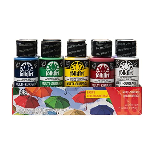 FolkArt Color, 10 Bottle Multi-Surface Acrylic Paint Set, 2oz, Basics - Image 1
