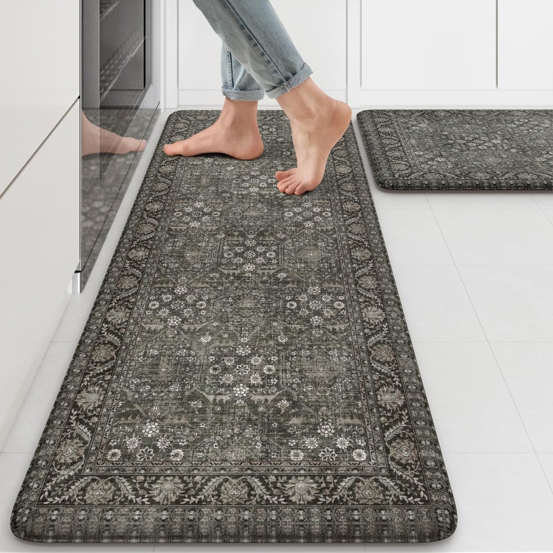 KIMODE Anti Fatigue Kitchen Mat 2PCS,Waterproof Farmhouse Green Kitchen Rugs Non-Slip,Vintage Kitchen Mats for Floor,Cushioned Comfort Standing Mat for Laundry,Office,Sink,Desk,17"x47"+17"x29" - Image 1