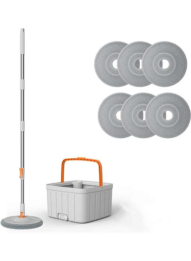 PROMASS ممسحة دوارة مع دلو، ممسحة منزلية كسولة، تنظيف وتطهير، فصل المياه، غسيل يدوي، قطعة أثرية مع ممسحة دلو، ممسحة دوارة مسطحة ماصة للتنظيف الرطب والجاف، 6 قطع من وسادات الممسحة البديلة - Image 1