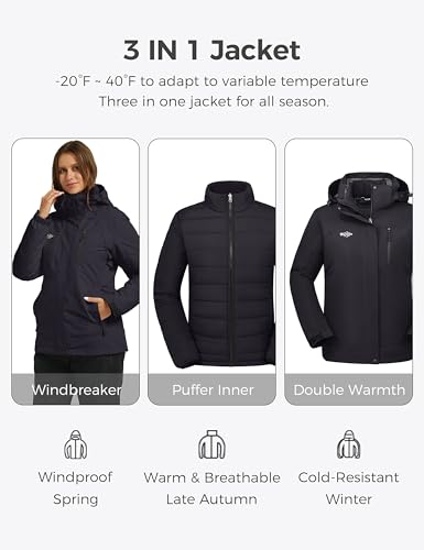 wantdo Women's Warm Winter Snow Coat 3-in-1 Interchange Ski Jacket with Hood Black XL - Image 3