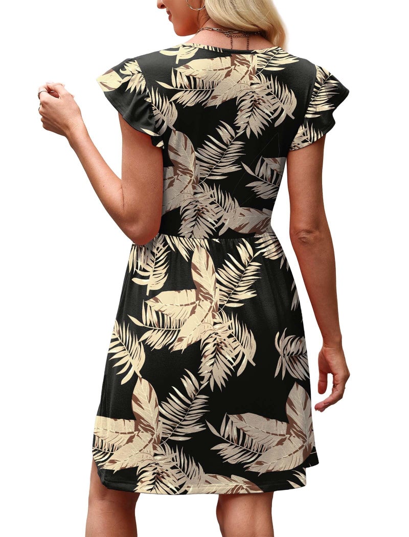 OFEEFAN Hawaiian Dresses for Women Boho Beach Dresses Tropical Vacation Outfits Resort Wear Ruffle Sleeve Swing Dress Elegant Classy Summer Sundress Italian Dress Black Apricot Floral L - Image 5