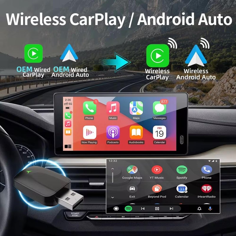 KINGSTER Tune™ 2-in-1 Wireless Car Adapter | Convert Wired Android Auto & Apple CarPlay to Wireless | Bluetooth Connectivity | Works with OEM Wired CarPlay/Android Auto | Plug & Play (Black) - Image 2
