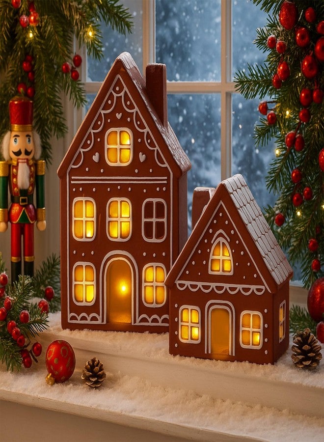 Funnymoom مجموعة من قطعتين من بيوت الزنجبيل الخزفية المضيئة من Funnymoom، زينة عيد الميلاد، بيوت زنجبيل LED مضاءة مسبقًا للاستخدام الداخلي، ديكور طاولة المطبخ لعيد الميلاد، قطعة مركزية للطاولة، هدايا حفلات عيد الميلاد - Image 5